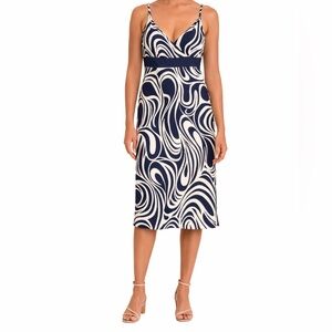 Ann Taylor Blue White Silk Midi Dress Size 4 Abstract Print